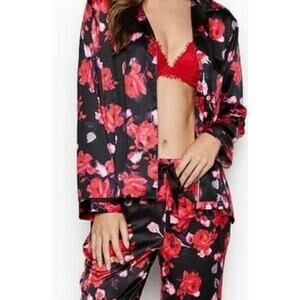 Victoria's Secret Black & Pink Floral Long Sleeve Satin Button Pajama Top M